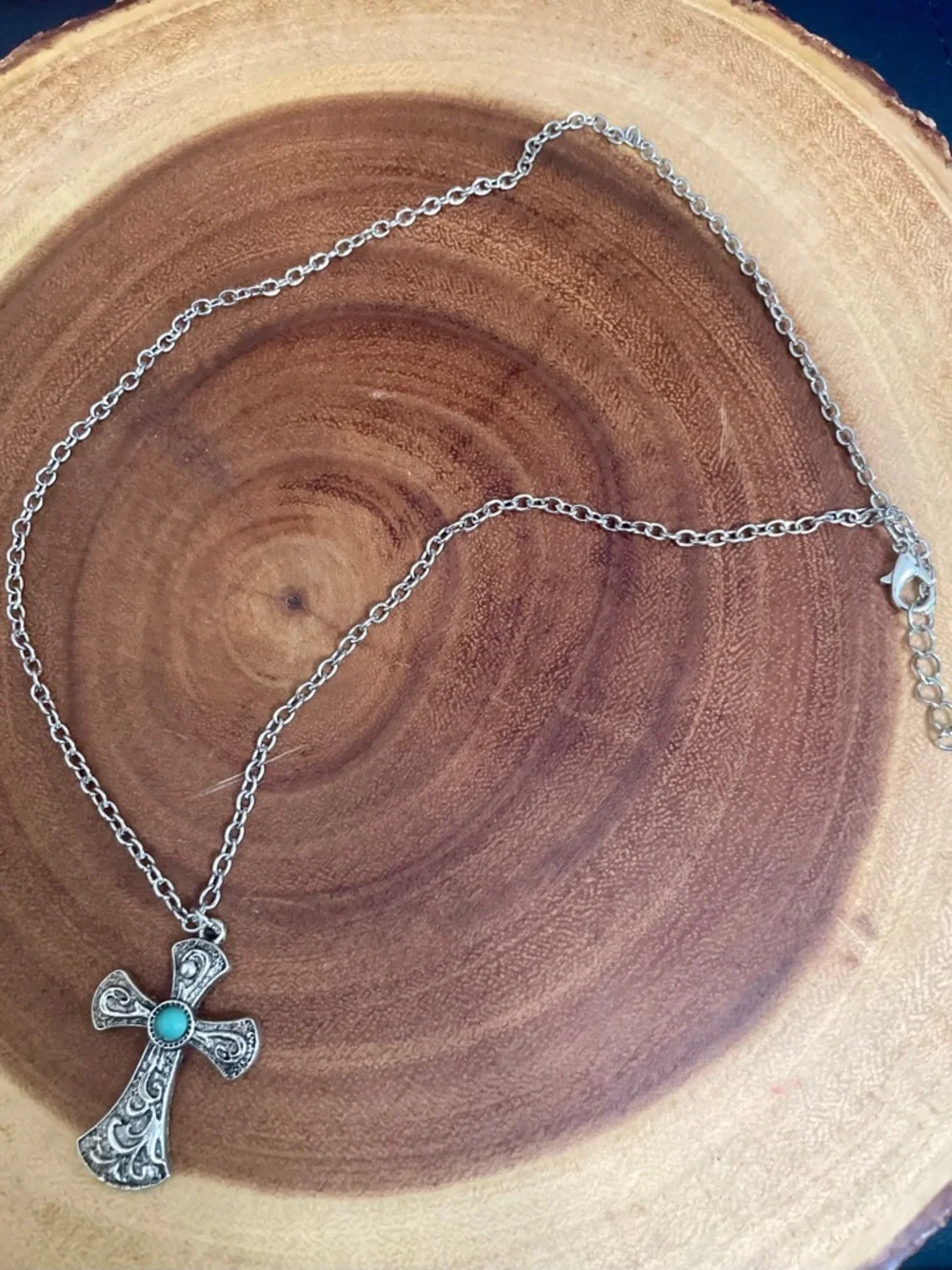 Silver Tone Filigree Cross Pendant Necklace with Faux Turquoise Accent NWOT